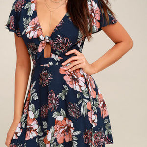 COPY - Lulus Navy Blue Floral Tie-Front Skater Dress